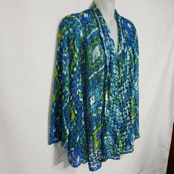 Ruby Rd Womens Cardigan Medium Open Front Teal Multi Colored Crochet Open Knit - Picture 5 of 9